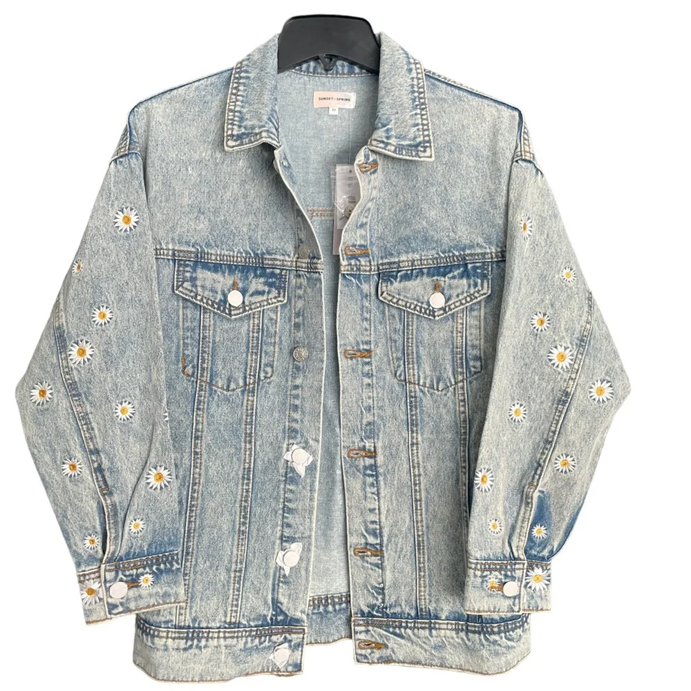SUNSET & SPRING Cotton Embroidered Daisies Denim Jacket - NWT - Size XS - Picture 2 of 5